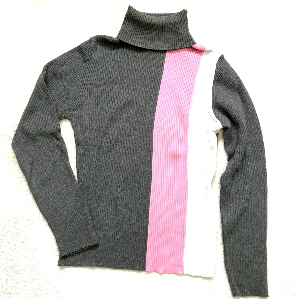 Beechers Brook Turtleneck Colorblock Shirt Raglan Sleeve Gray White Pink